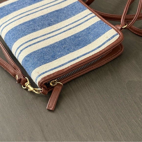 Striped Blue and White with Brown Crossbody Bag or Wallet - Picture 4 of 5